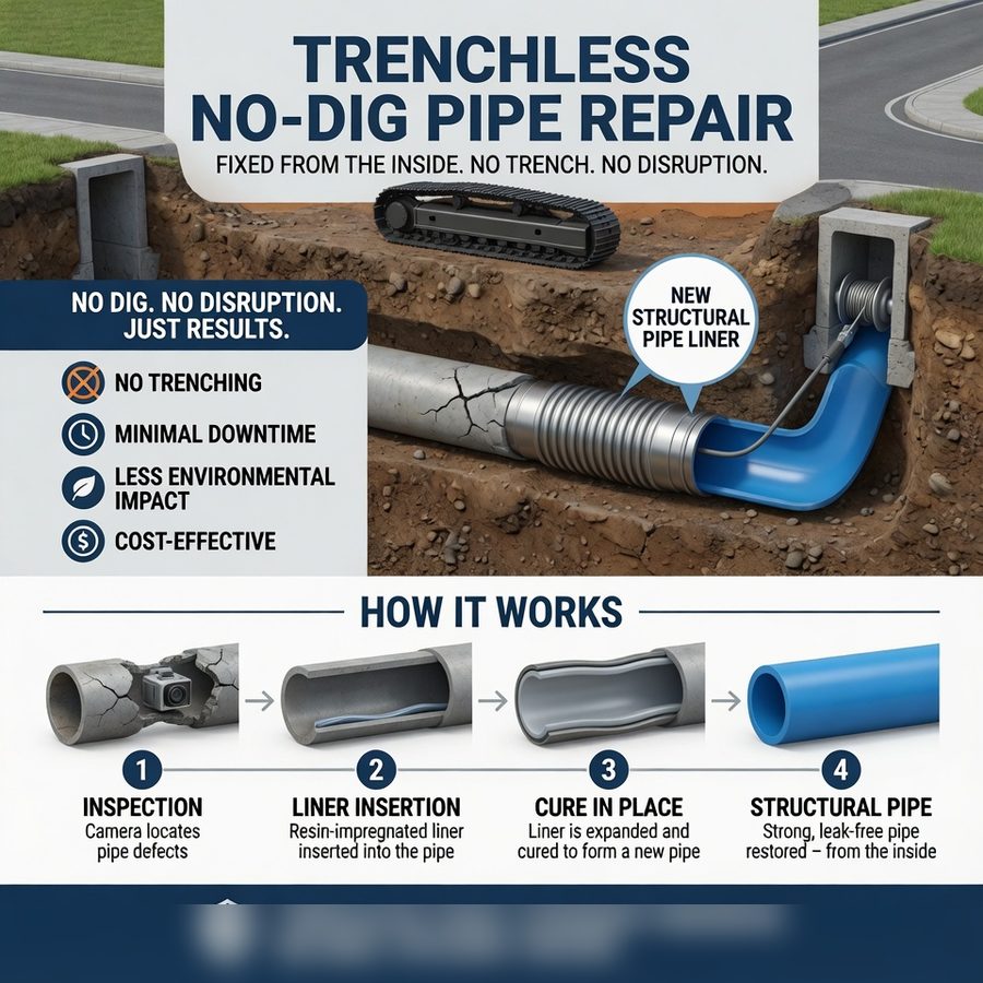 Trenchless pipe lining process Flower Mound TX